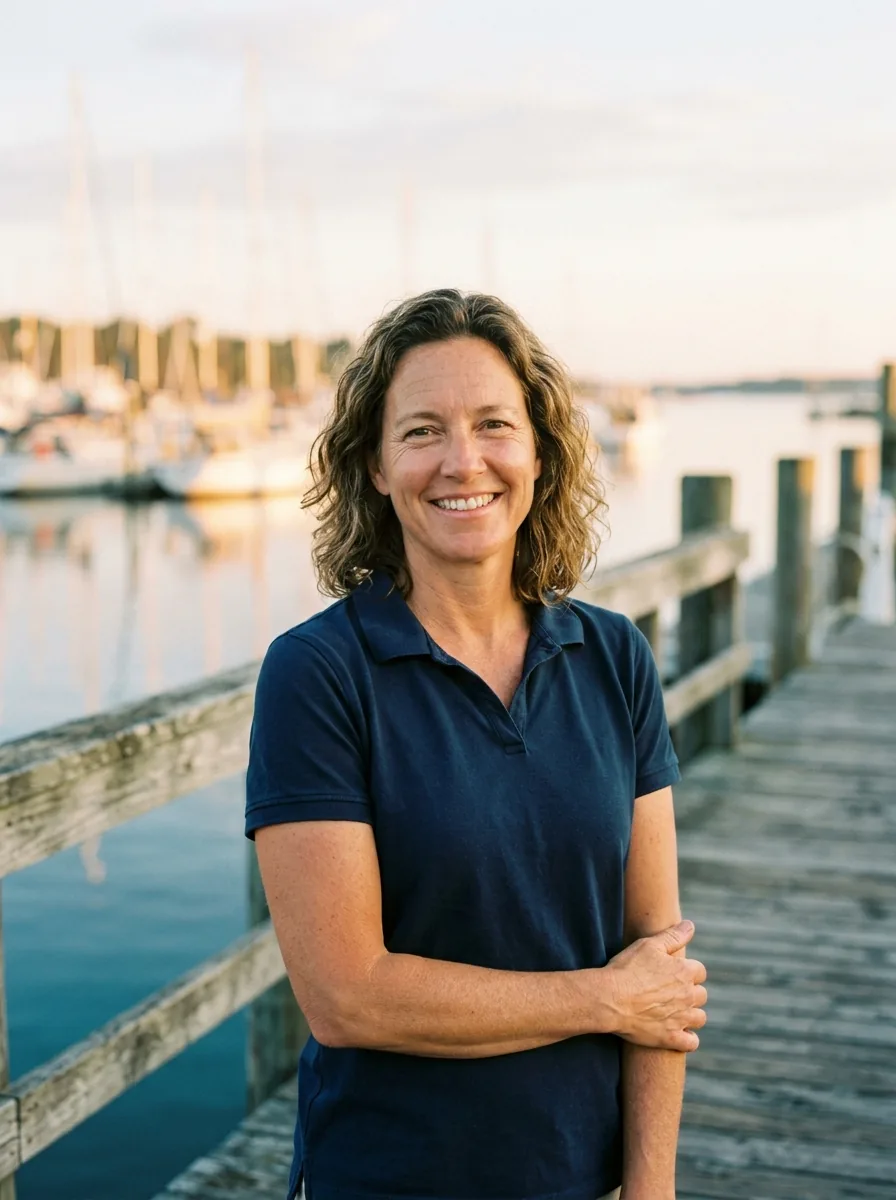 Kate Merrow, principal agent of Blue Harbor Insurance, on the dock