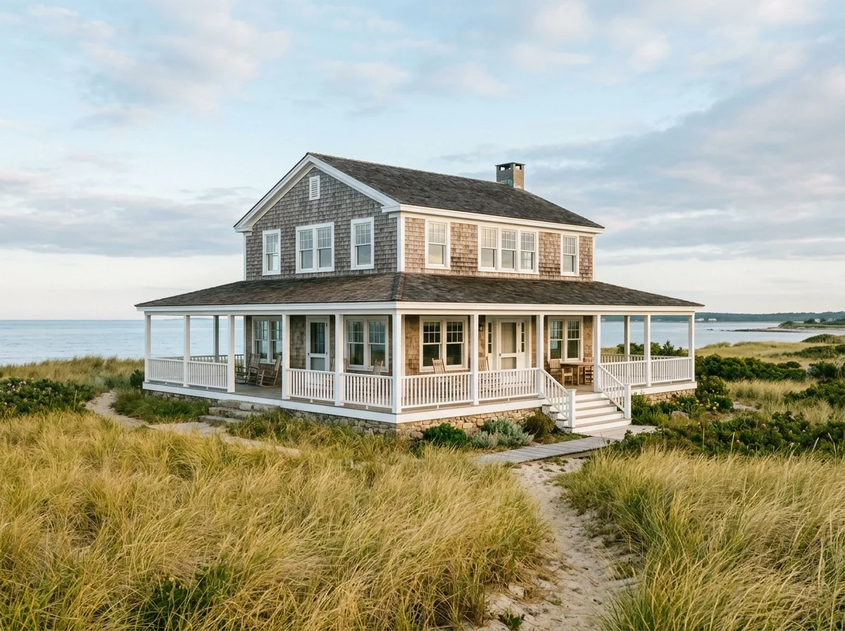Cedar-shingle beach house behind dune grass