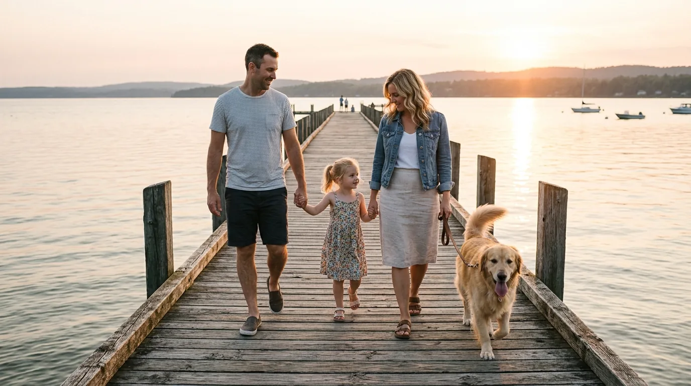 Family walking down a weathered dock at golden hour