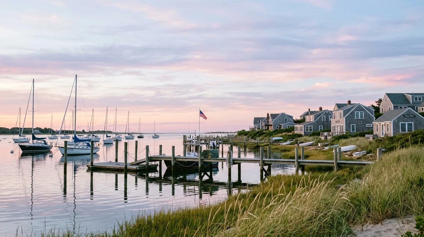 Sailboats and shingle beach homes in a calm Carolina harbor at dawn