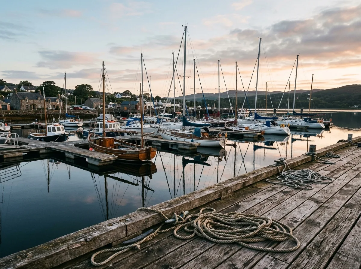 Sailboats moored in a quiet marina at dawn