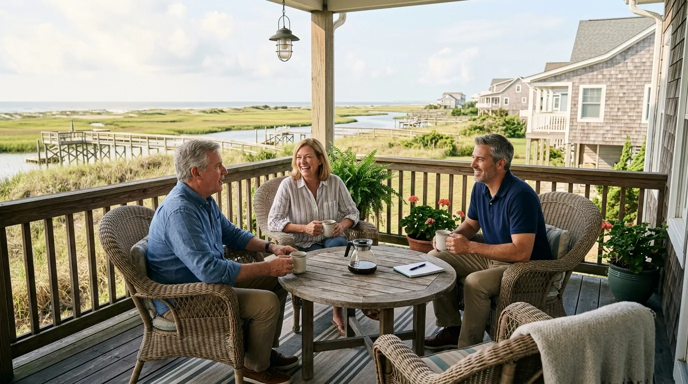 Blue Harbor agent having coffee with homeowners on their porch